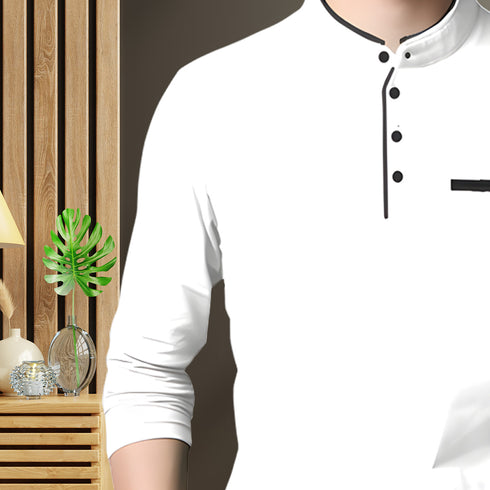 Men White Henley Full Sleeve T-Shirt